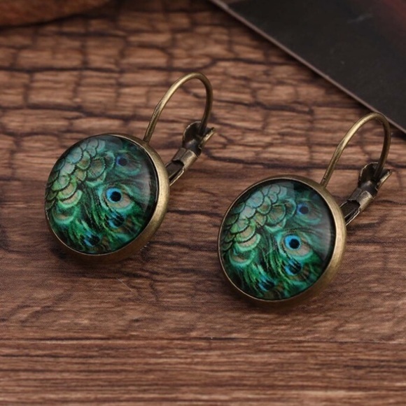 Peacock Print Drop Hoop Dangle Earrings - Picture 1 of 6